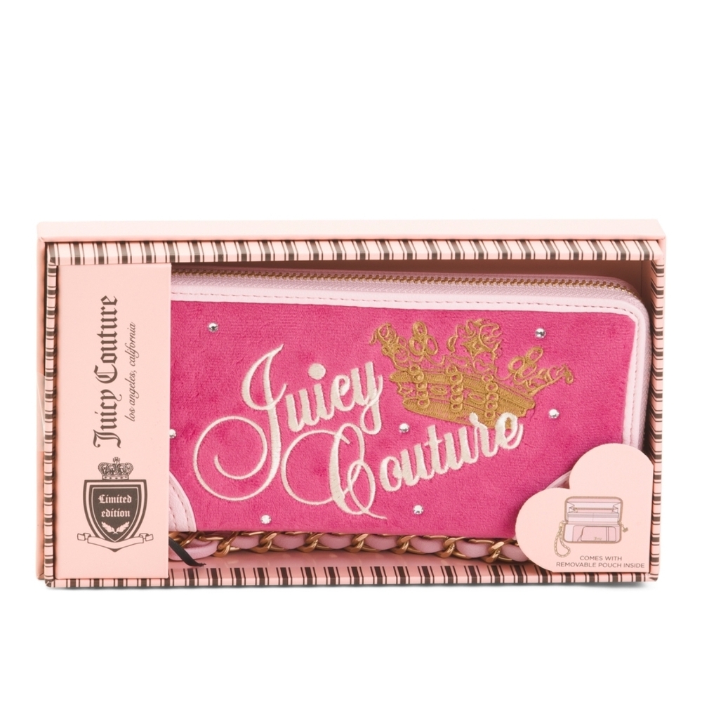 Juicy Couture Pink Velour Velvet Heritage and Gold Chain Wallet Wristlet NWT